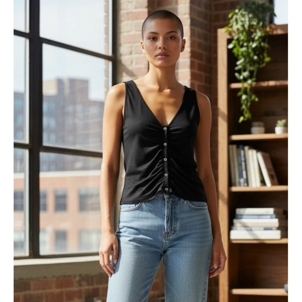 Free People‎ Movement Women's XL Racerback Front Snap Ruched Tank Black NWT